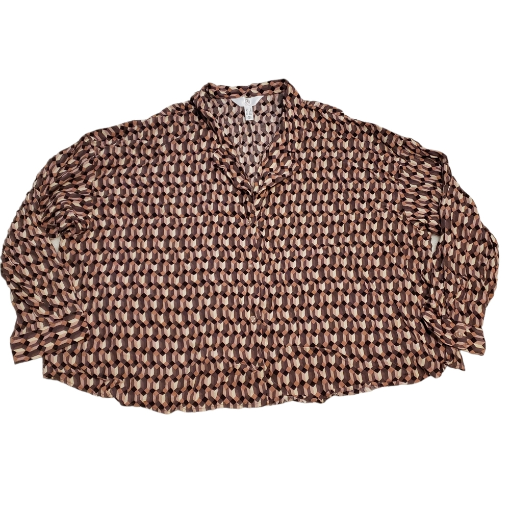 Addition Elle Brown Cream Geometric Print Button Down Blouse